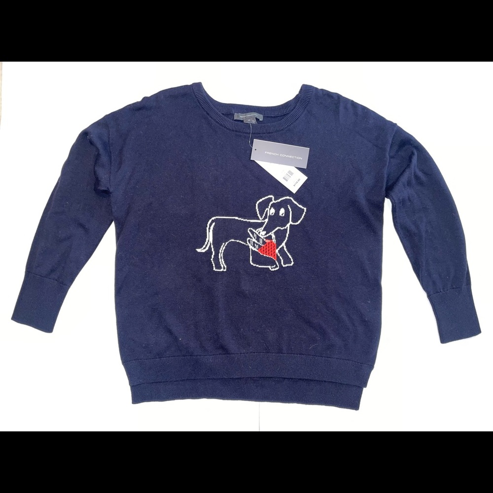 Women weenie dog dark blue sweater